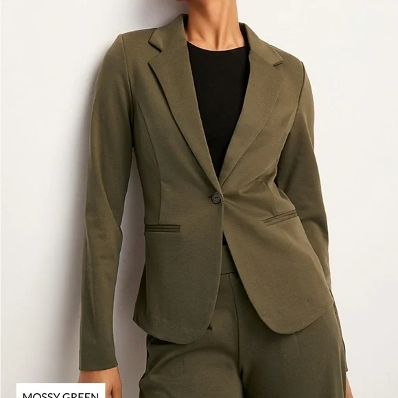 Ichi Mossy Green Supple Cinched Jersey Stretch Single Breast Blazer Medium - Picture 1 of 11